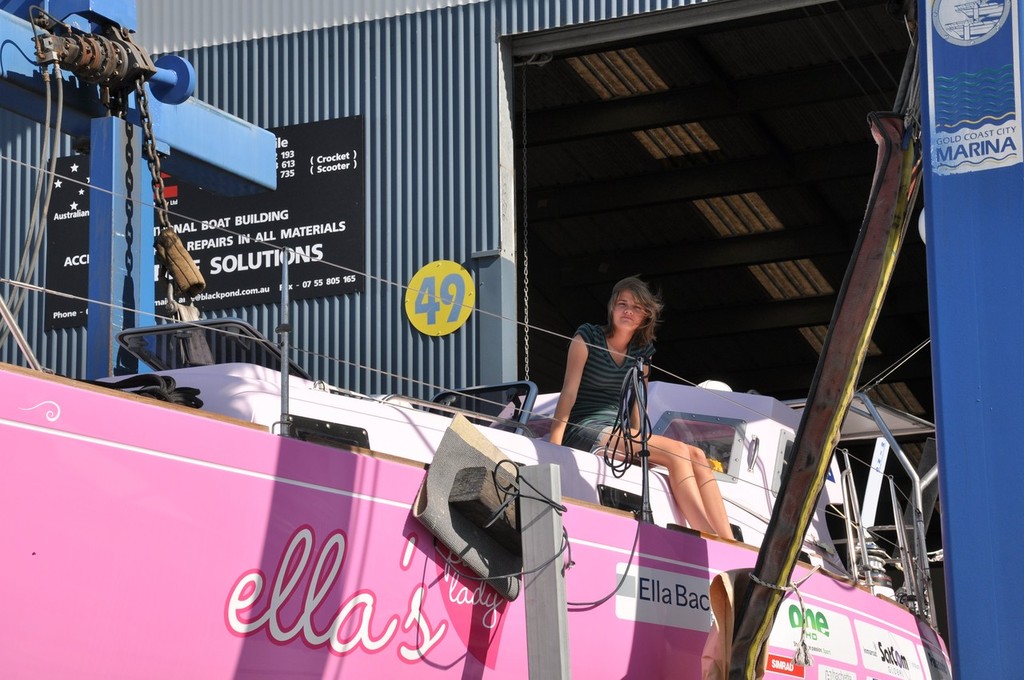 ’Ella’s Pink Lady’ leaves the Australian Marine Enterprises shed bound for the water, with Jessica Watson on board and ready for the launching. © Dave Jeffress